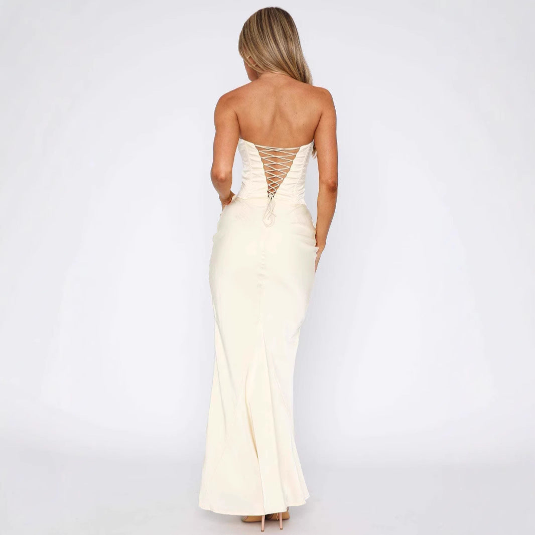 Wrapped Chest Lace-up Fishbone Slim Sheath Satin Long Dress