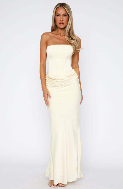 Wrapped Chest Lace-up Fishbone Slim Sheath Satin Long Dress